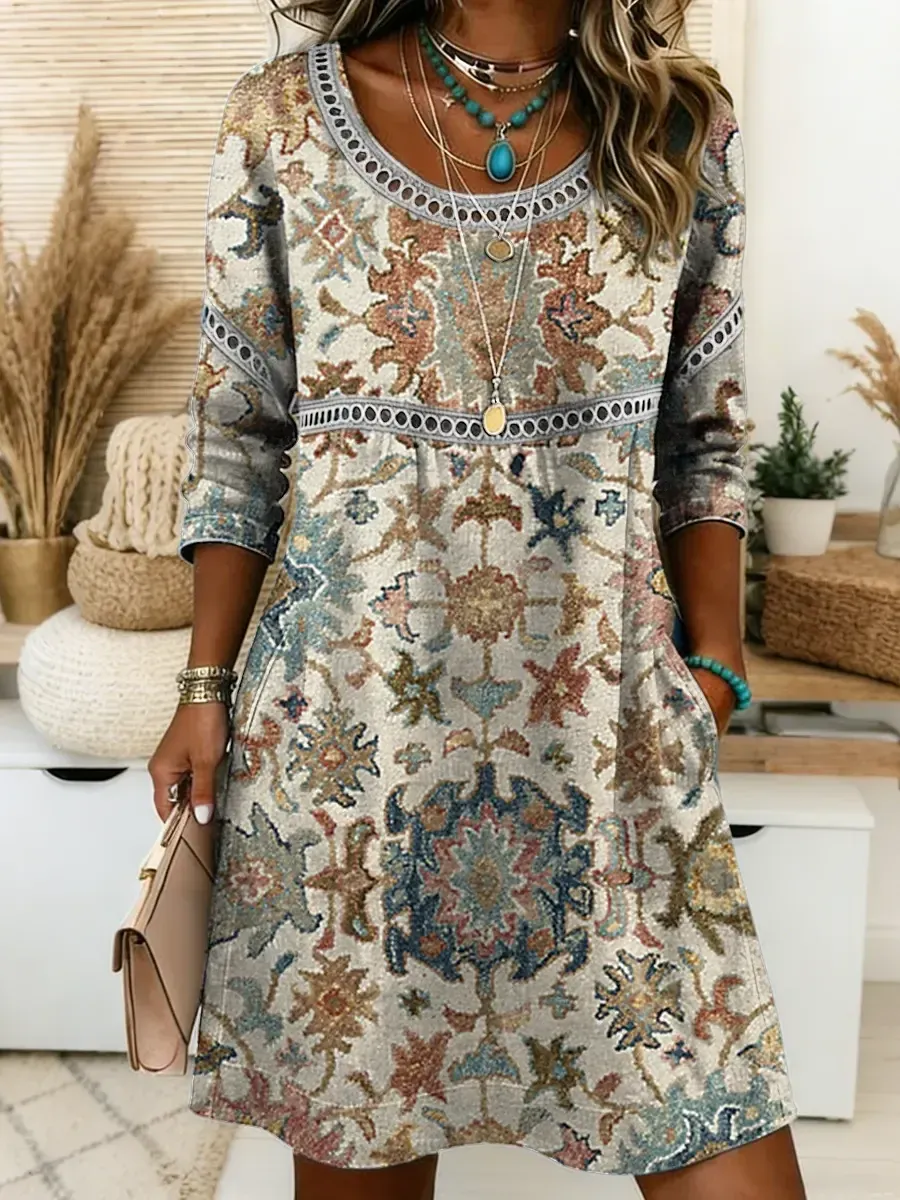 Bavlněné lněné šaty s kulatým výstřihem