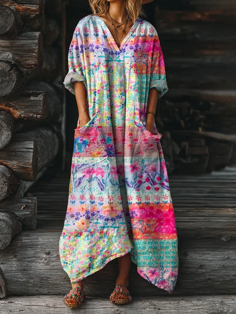 Bavlněné lněné šaty s výstřihem do V a kapsami