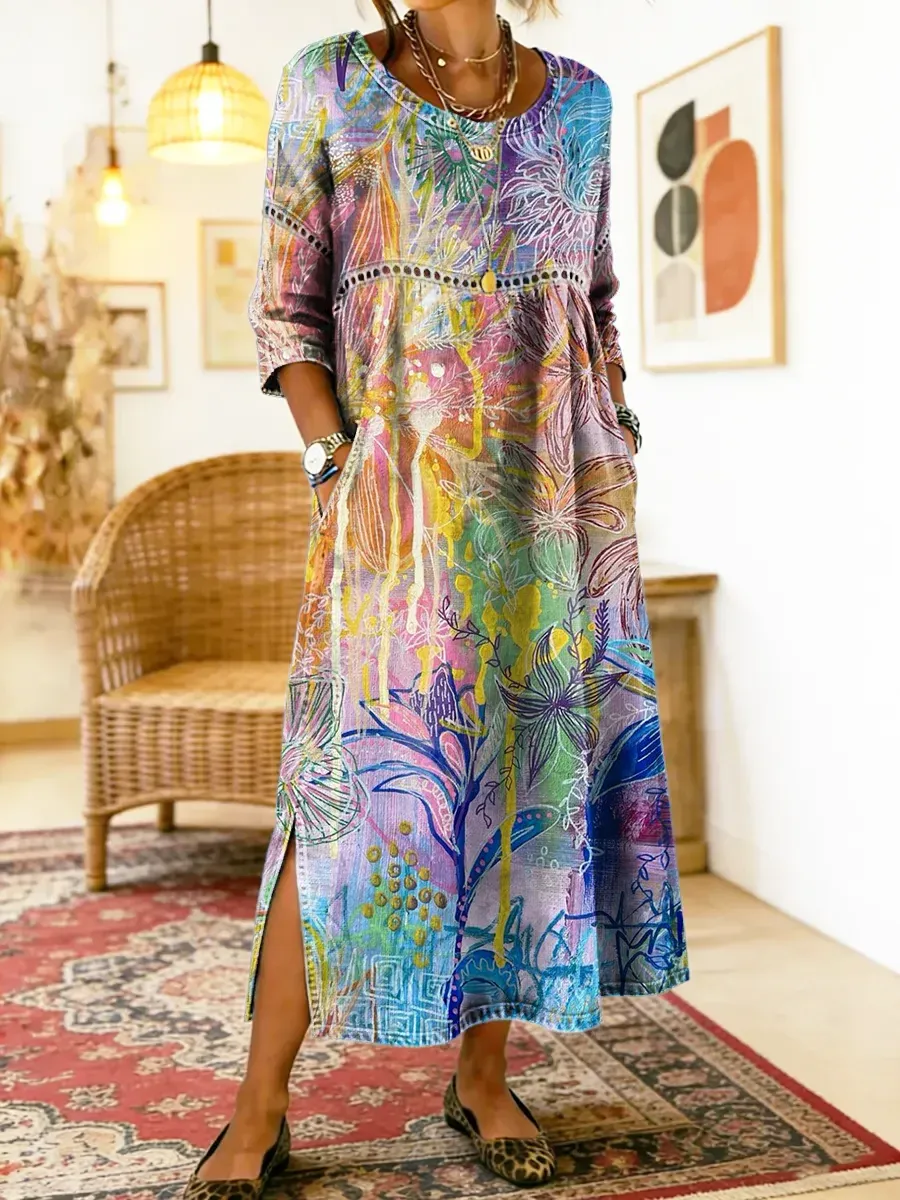 2026 Bavlněné lněné šaty s kulatým výstřihem