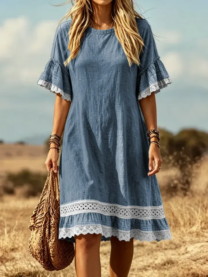 Bavlněné lněné šaty s kulatým výstřihem a kapsami