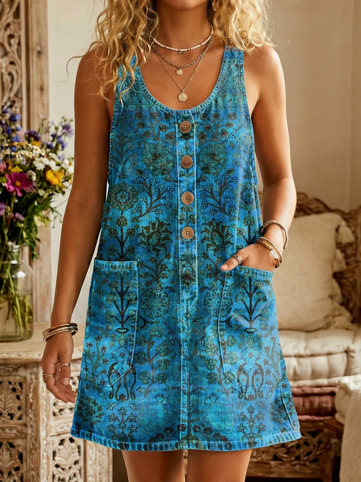 Bavlněné lněné šaty s kulatým výstřihem