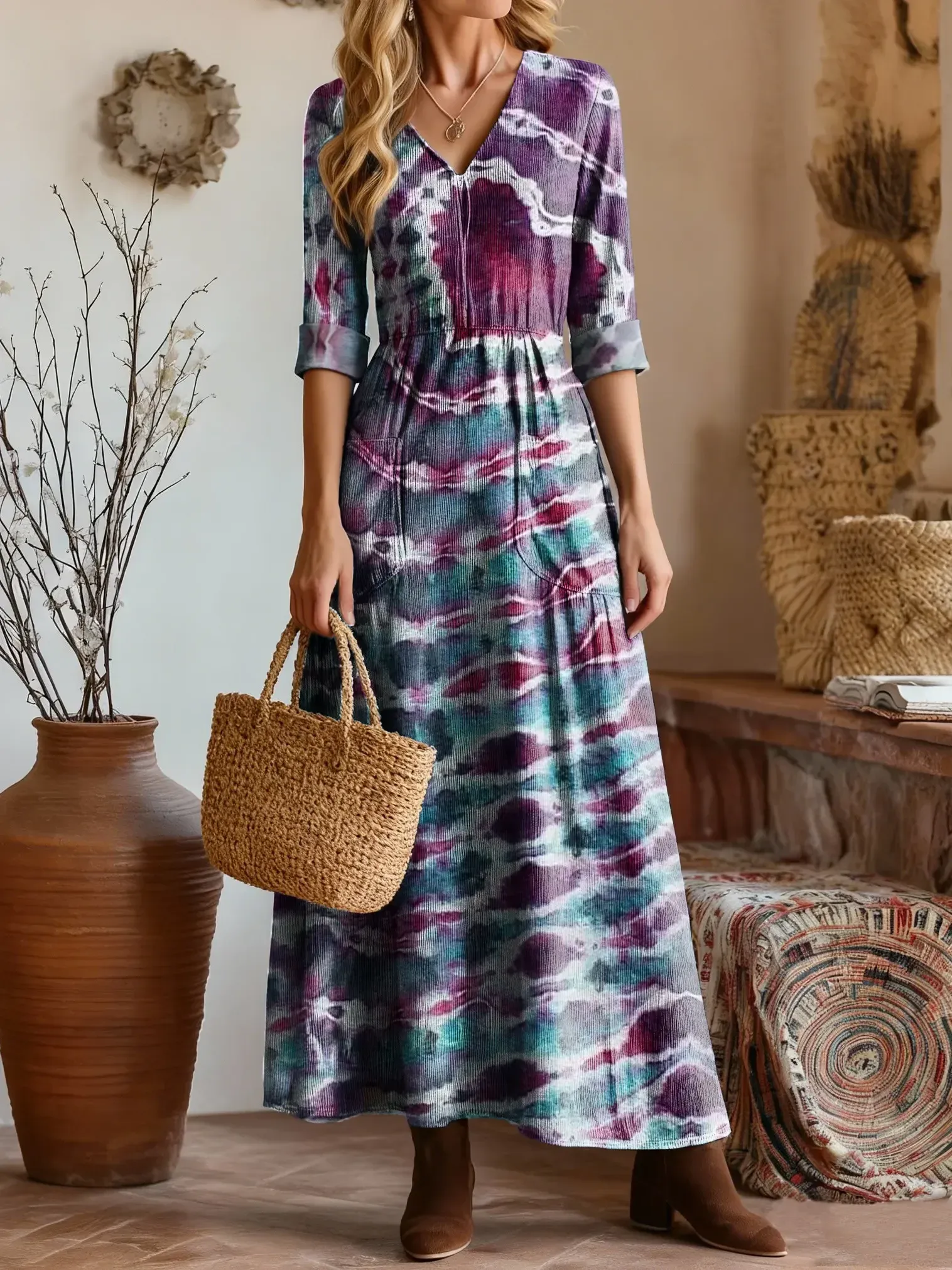 Bavlněné lněné šaty s výstřihem do V a kapsami