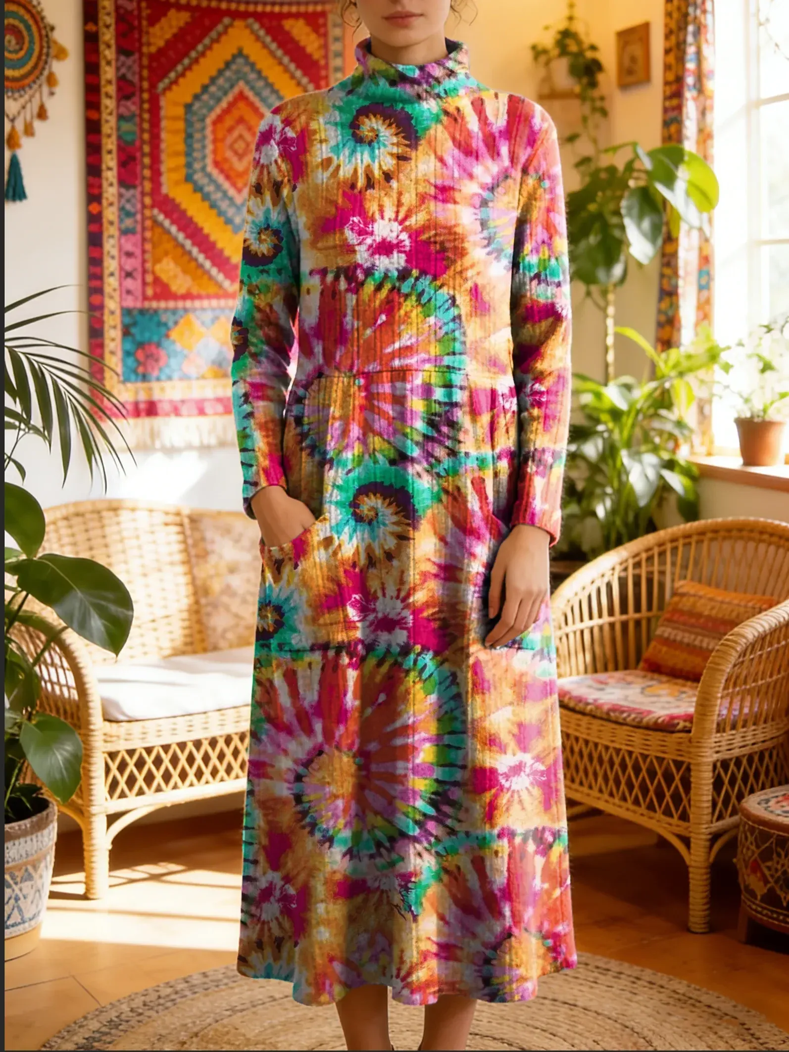 Bavlněné lněné šaty s kulatým výstřihem a kapsami