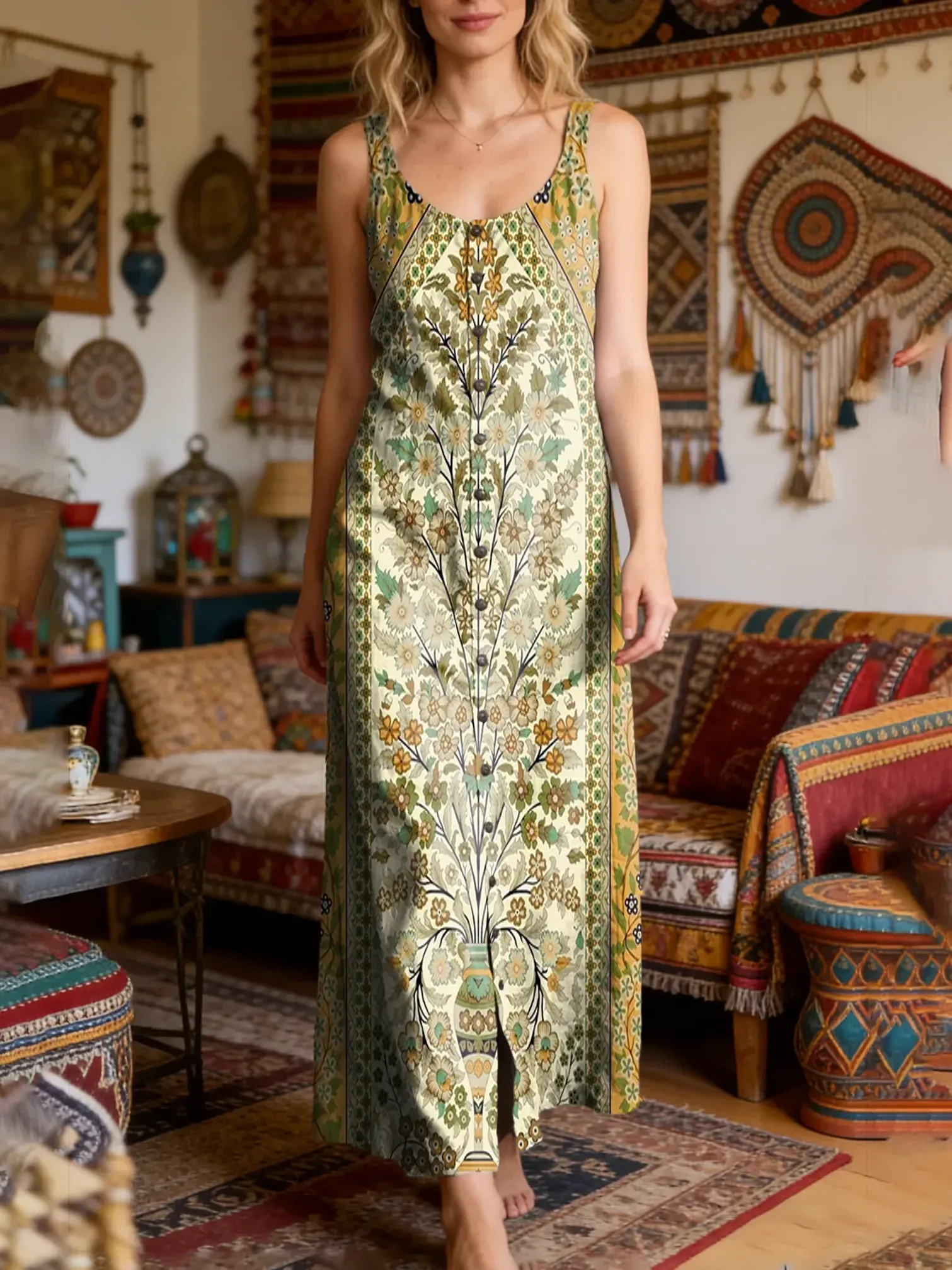 Bavlněné lněné šaty s kulatým výstřihem