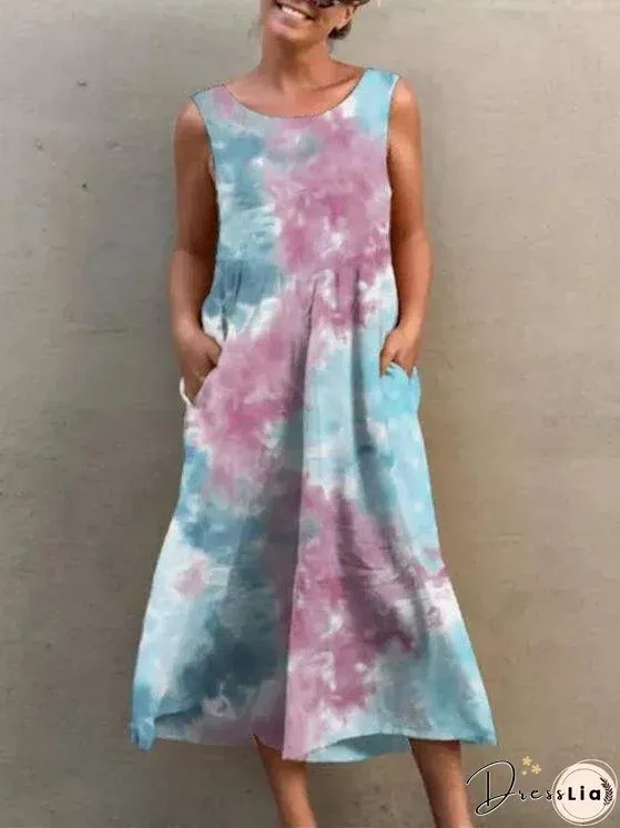 Bavlněné lněné šaty s kulatým výstřihem