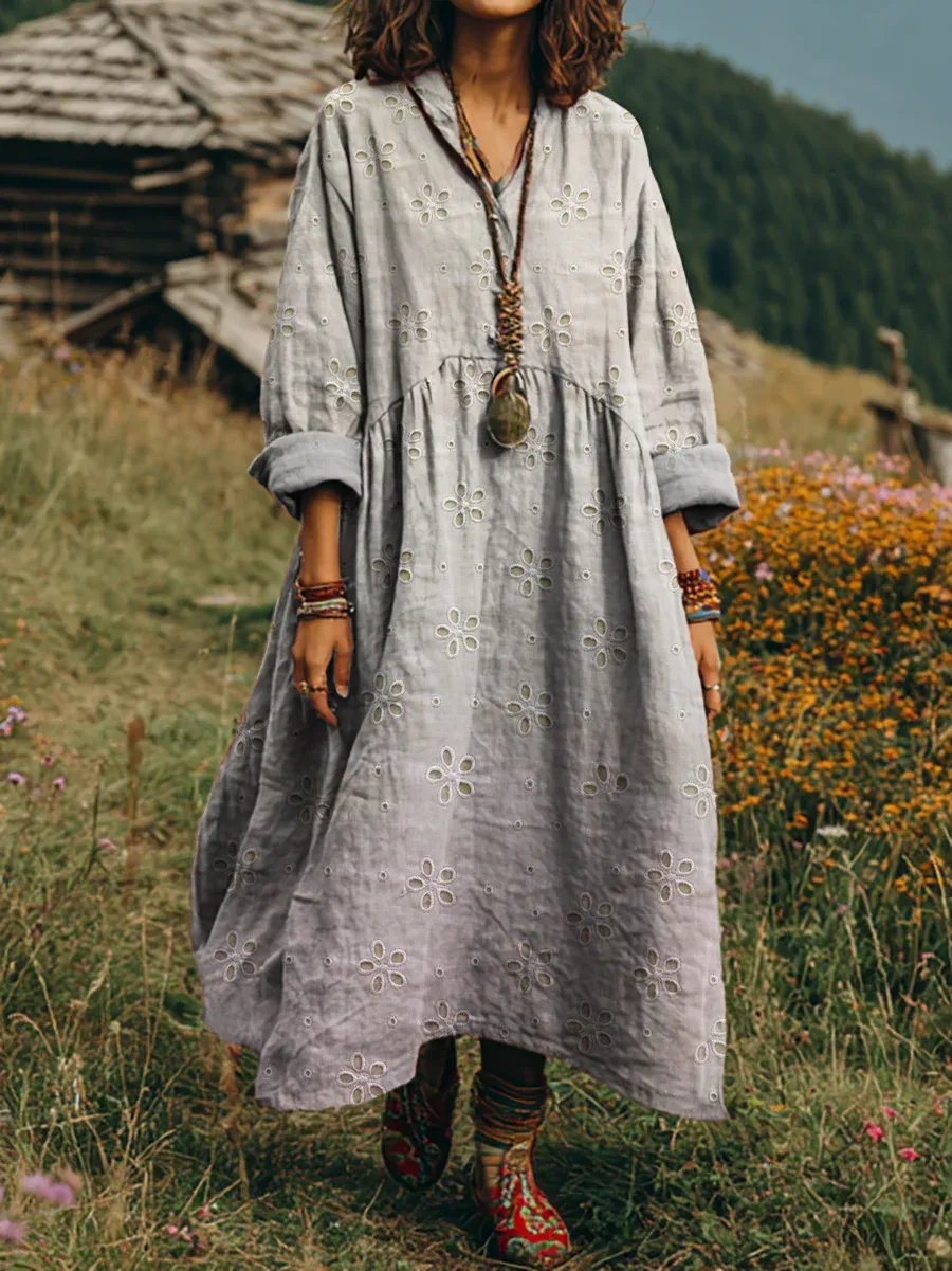 Bavlněné lněné šaty s výstřihem do V a kapsami