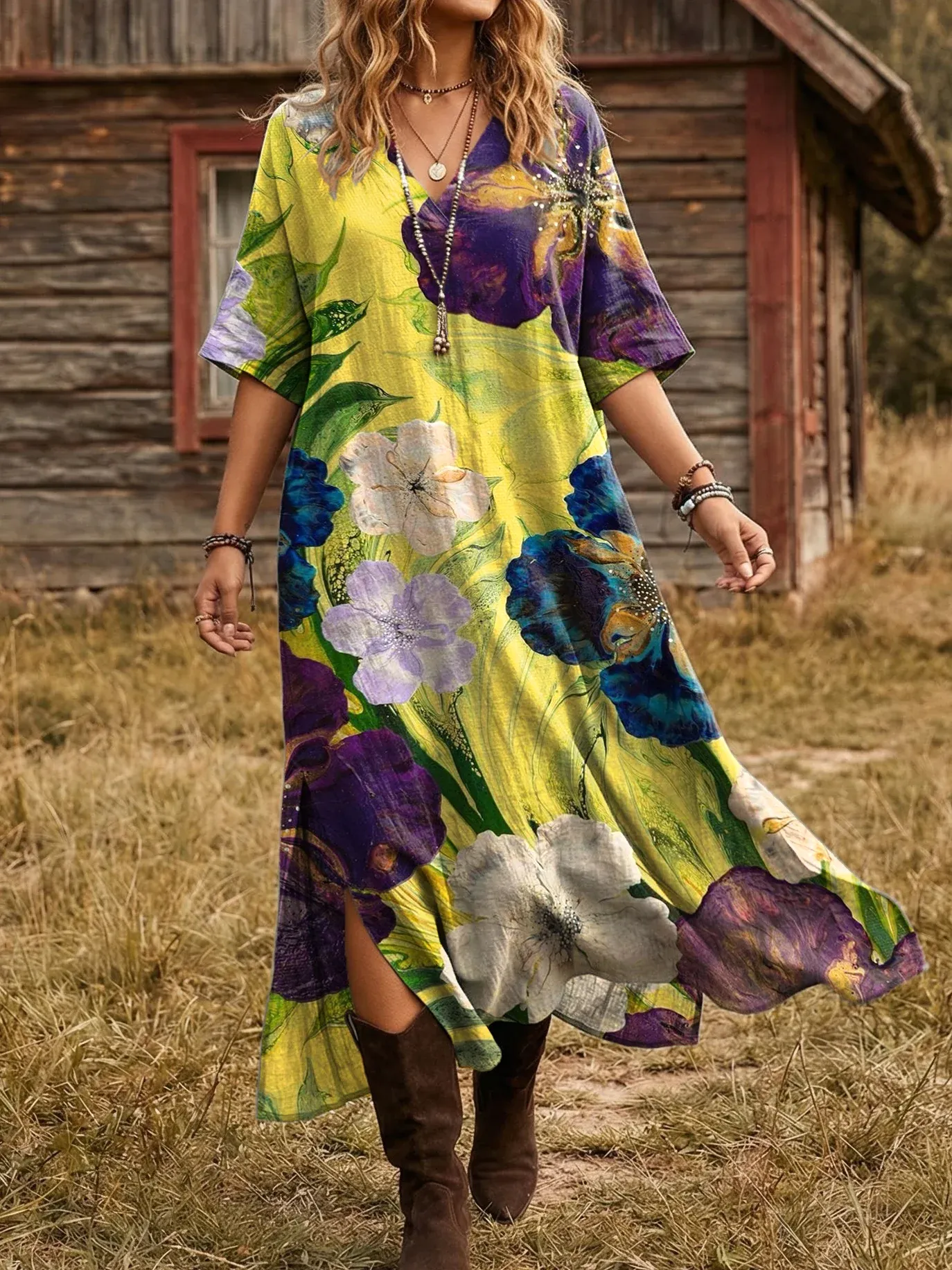 Bavlněné lněné šaty s výstřihem do V a kapsami