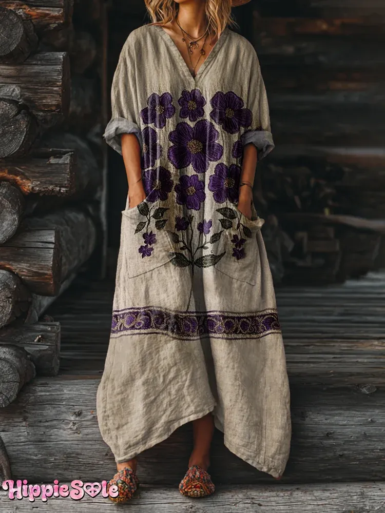 Bavlněné lněné šaty s výstřihem do V a kapsami