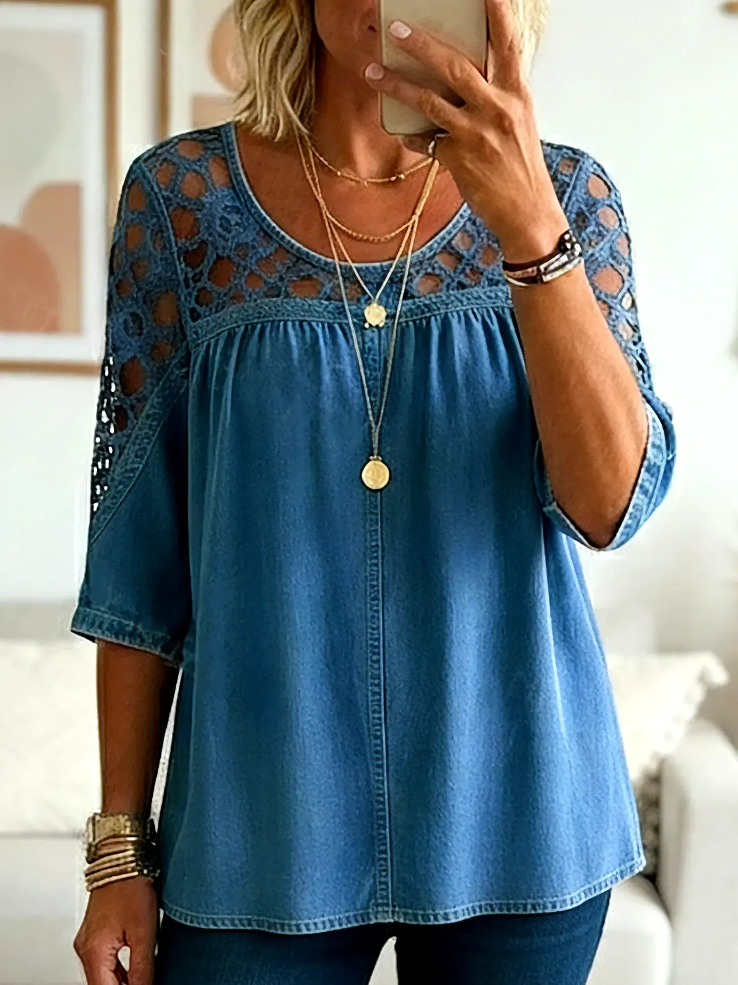 Dámské bavlněné a lněné tričko s kulatým výstřihem