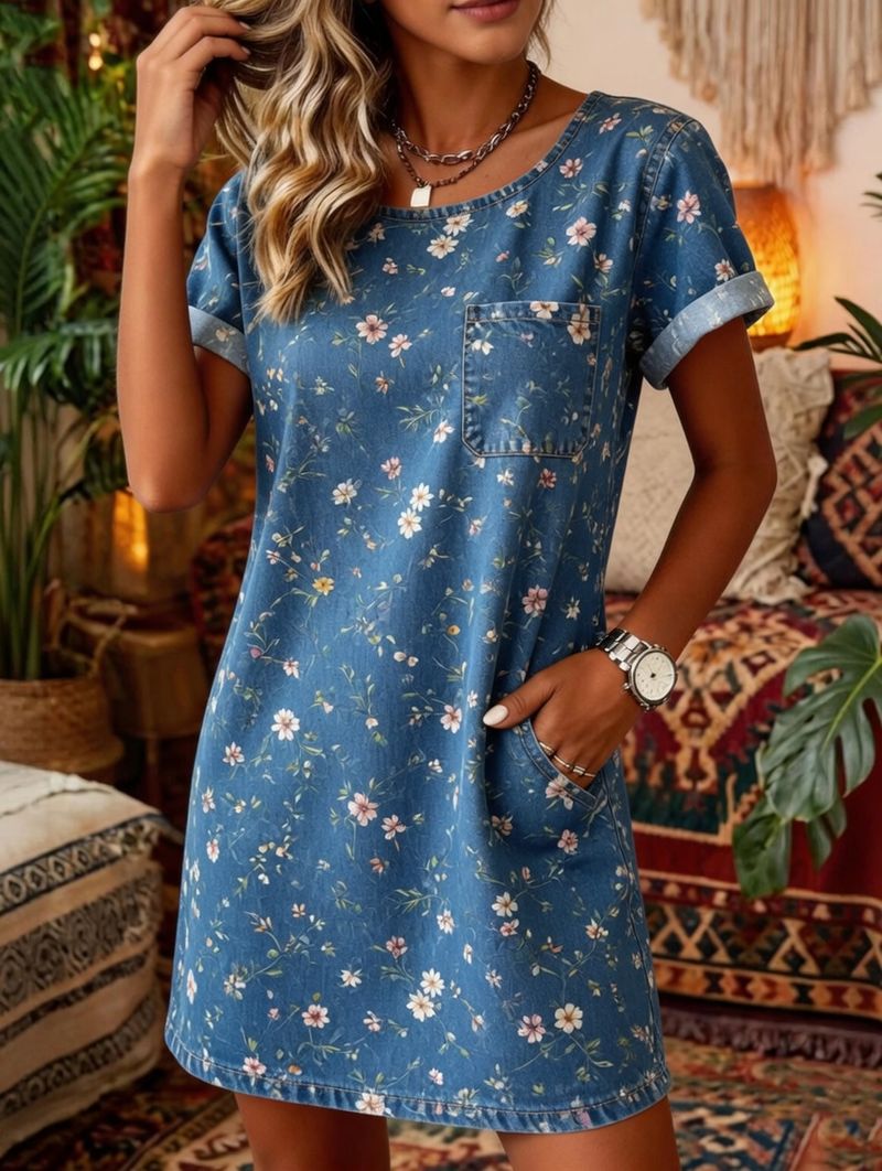 Bavlněné lněné šaty s kulatým výstřihem