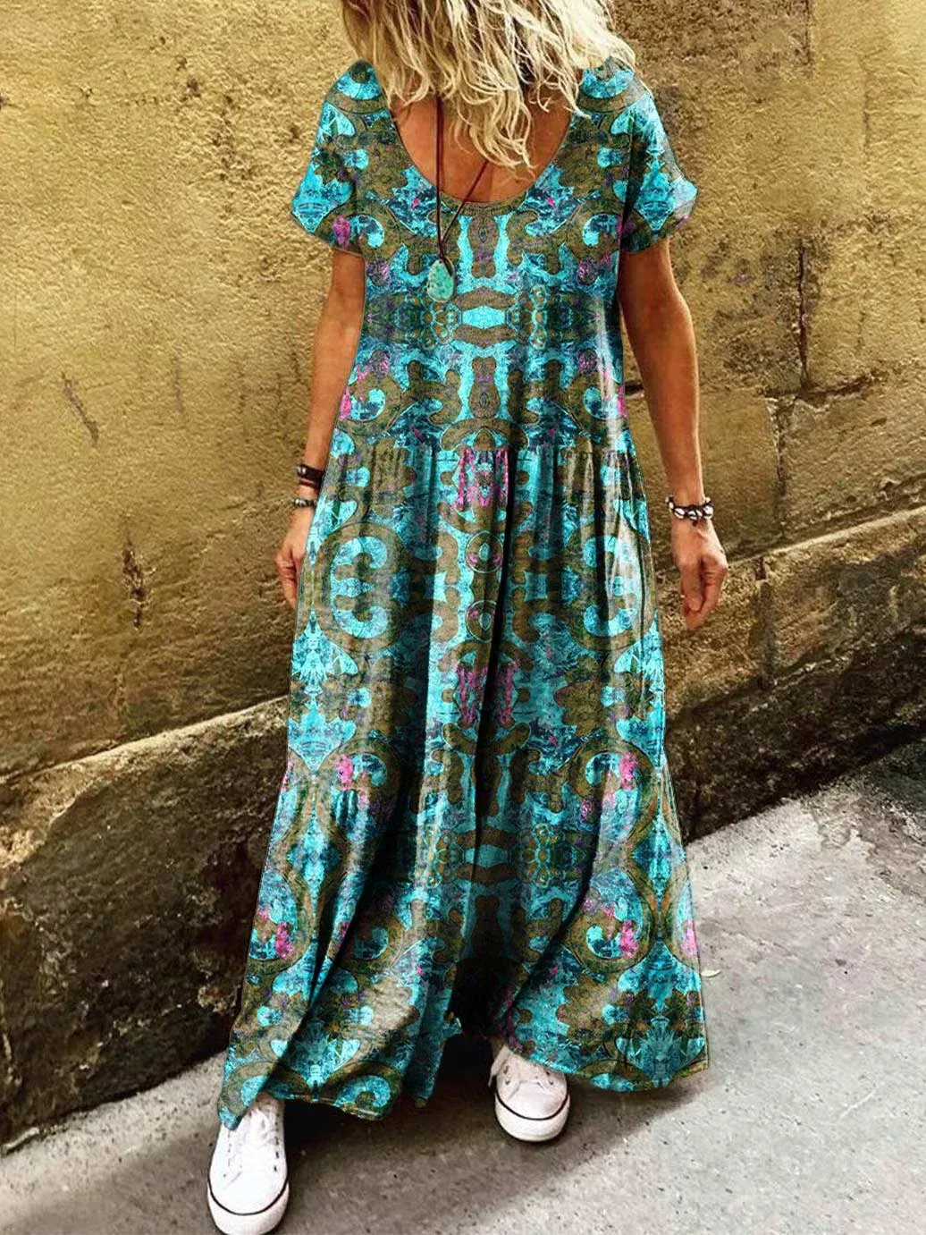 Bavlněné lněné šaty s kulatým výstřihem