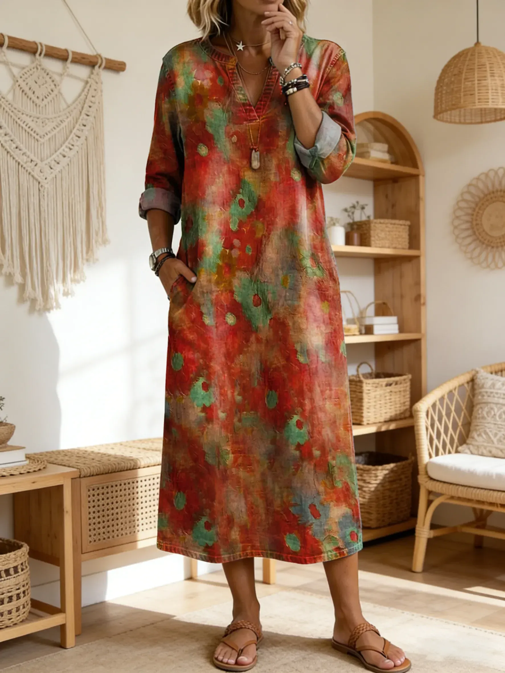 2026 Bavlněné lněné šaty s výstřihem do V