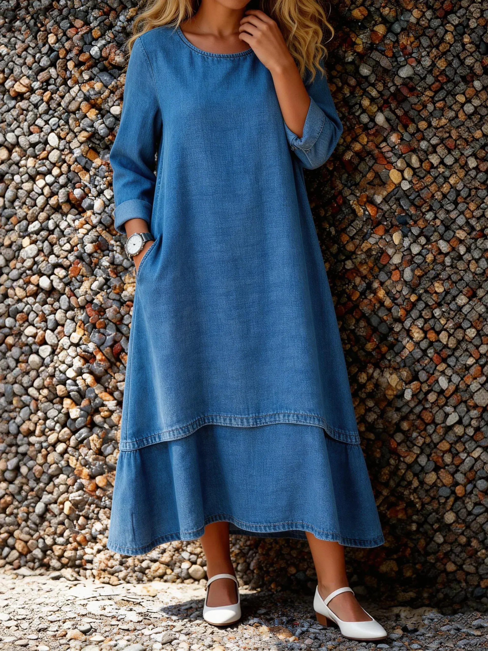 2026 Bavlněné lněné šaty s kulatým výstřihem