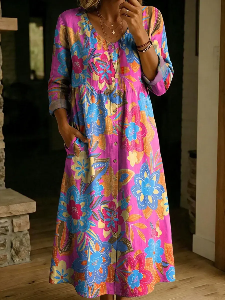 🌸 2026 Dámské šaty s výstřihem do V a knoflíky