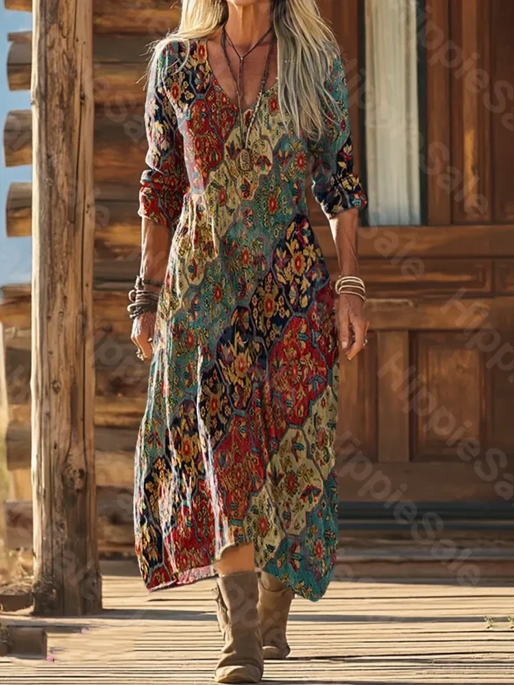 Dámské retro bavlněné šaty s etnickým totemovým potiskem a kapsami