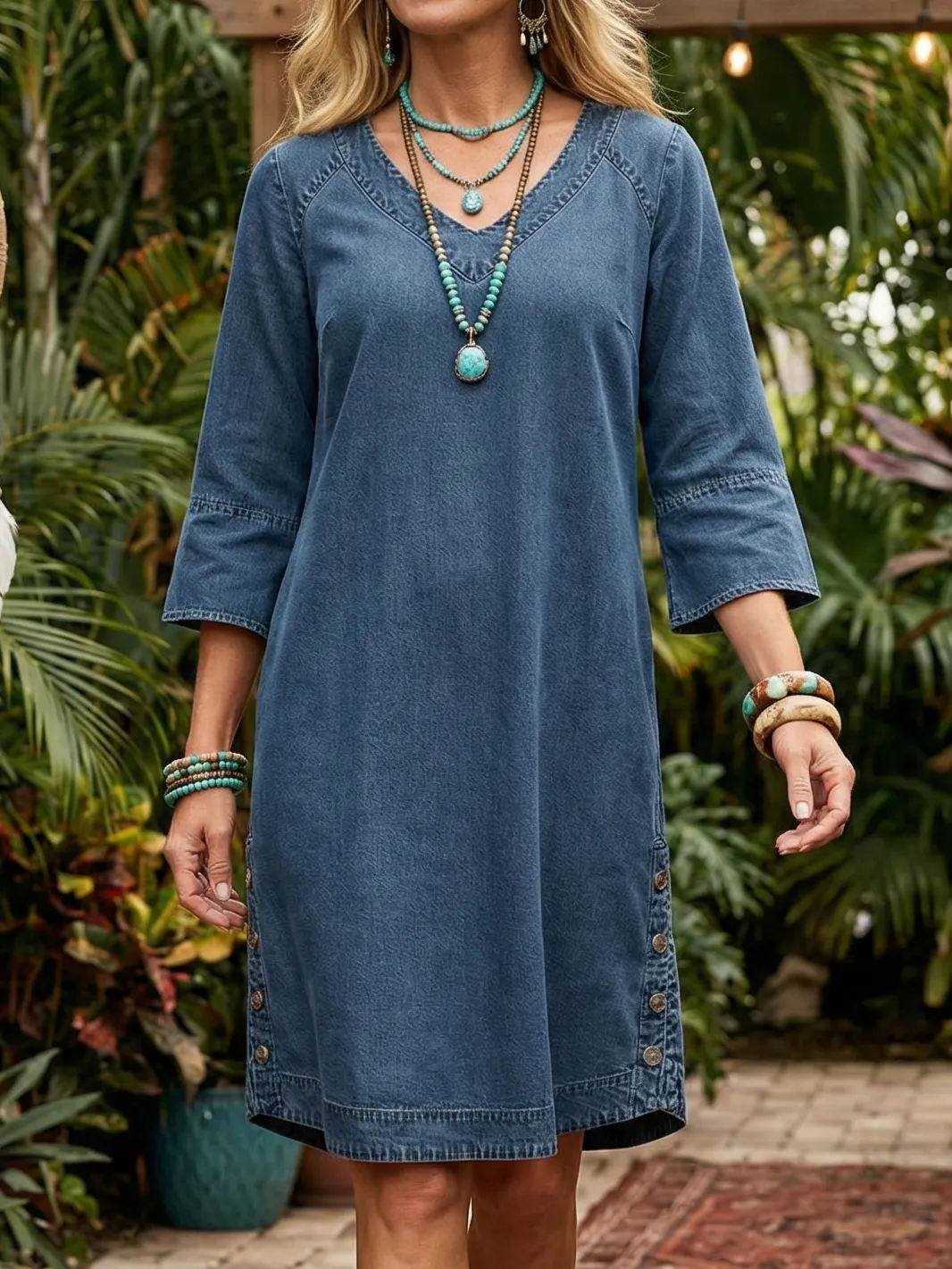 2026 Bavlněné lněné šaty s výstřihem do V