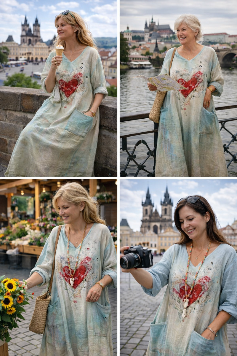 Bavlněné lněné šaty s výstřihem do V a kapsami