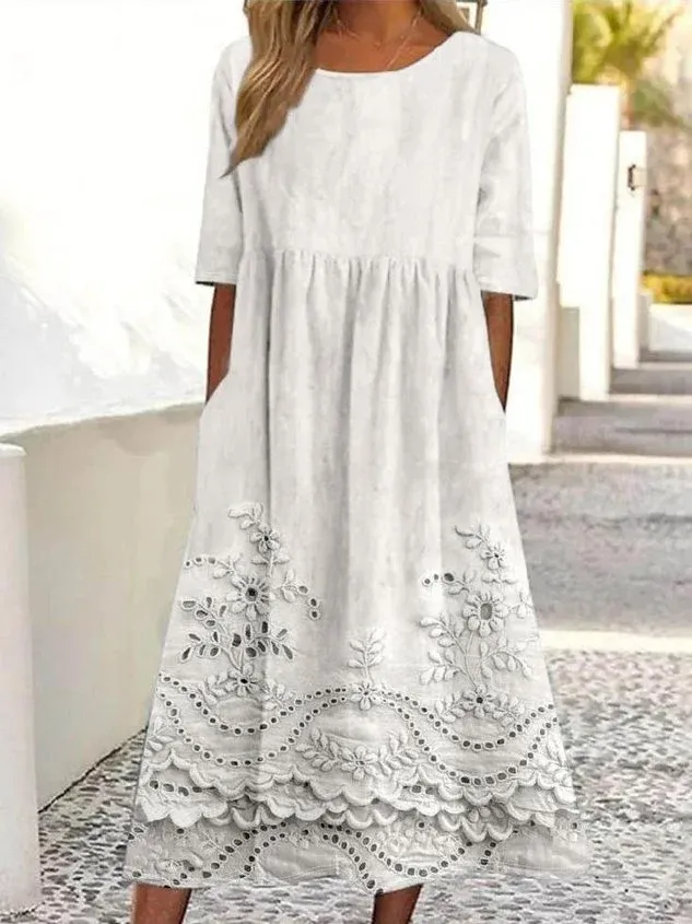 Bavlněné lněné šaty s kulatým výstřihem