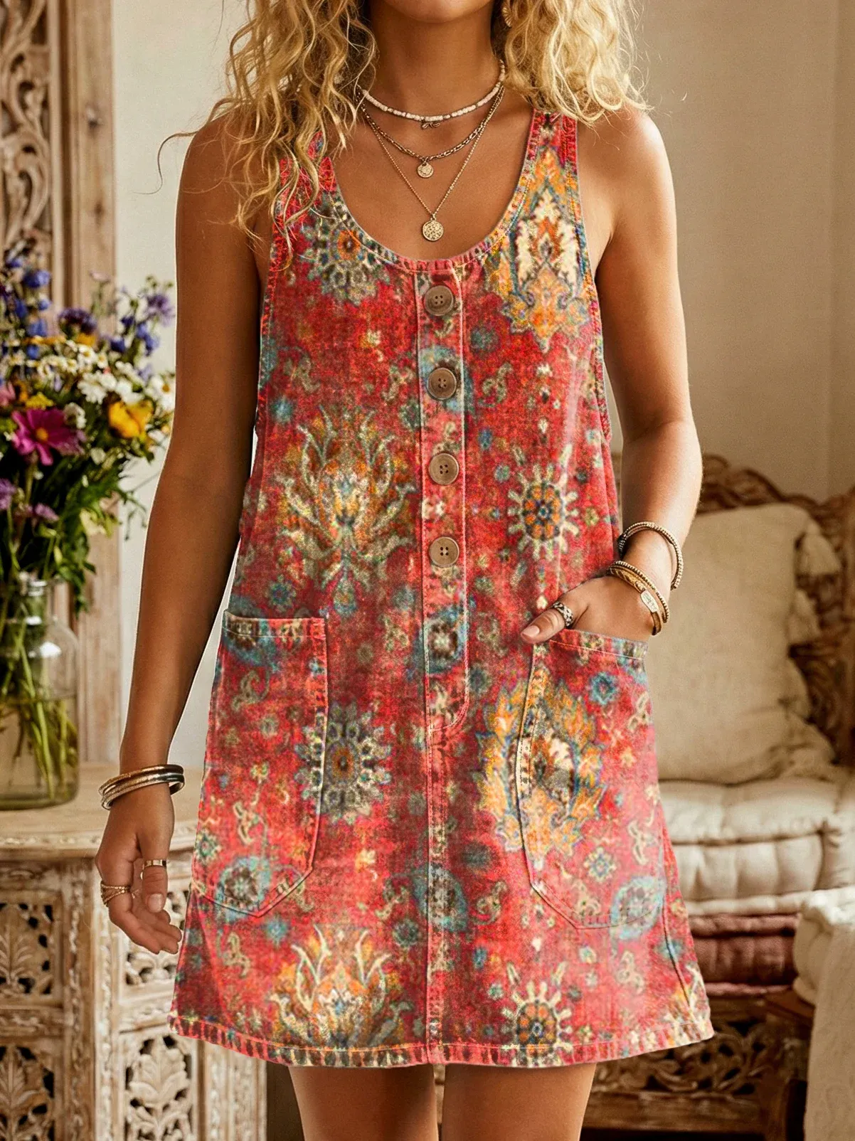 Bavlněné lněné šaty s kulatým výstřihem