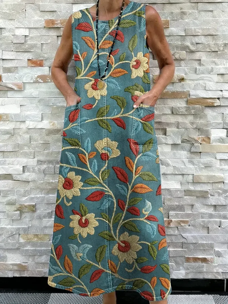 Letní Dámské Šaty bez Rukávů s Kulatým Výstřihem