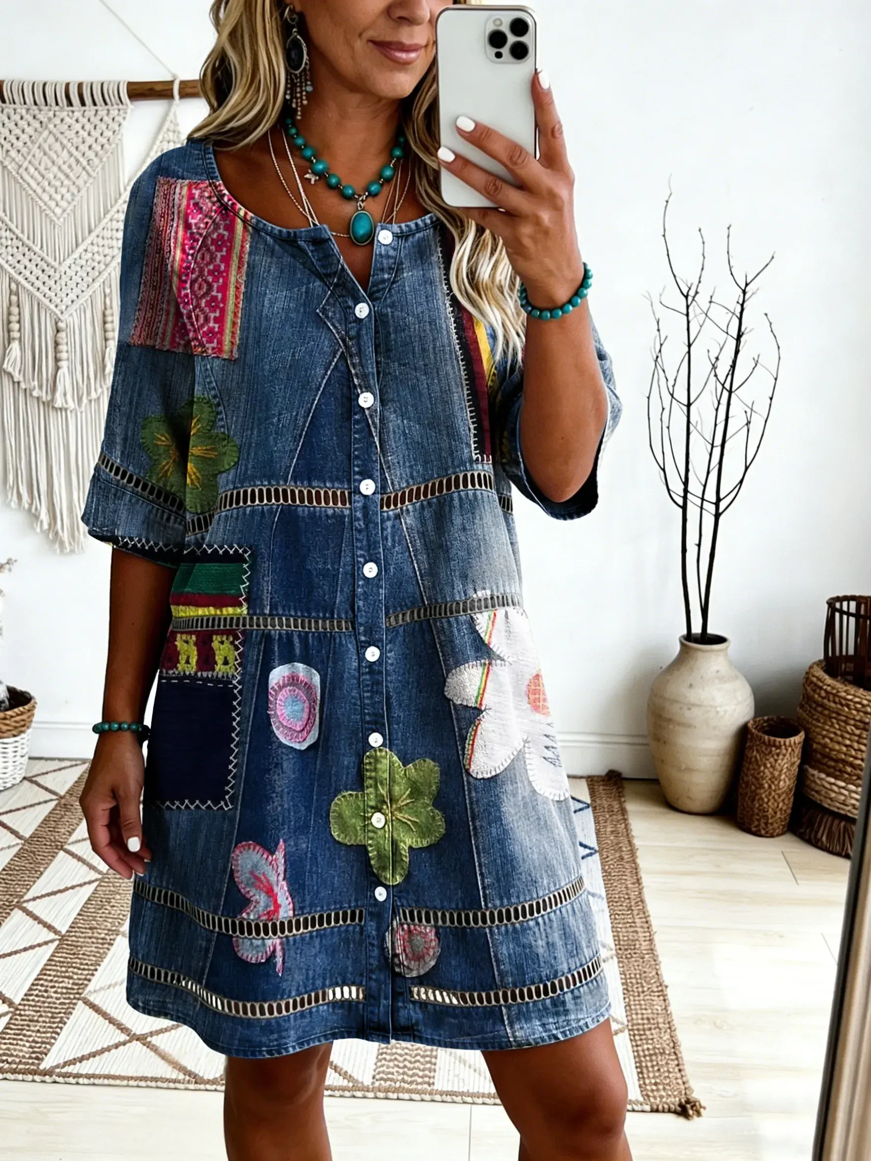 Bavlněné lněné šaty s kulatým výstřihem