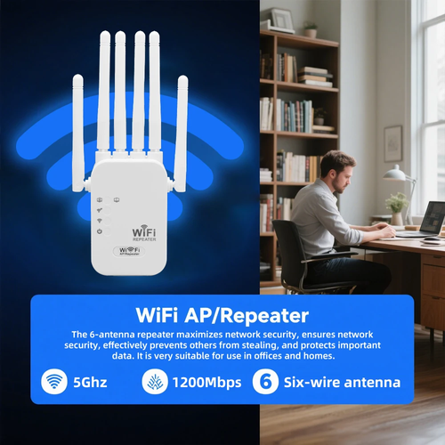 WiFi Repeater 1200Mbps Wireless WIFI Extender WiFi Booster 2.4Gand5G Network Amplifier 360° Full Coverage Signal for Office Home