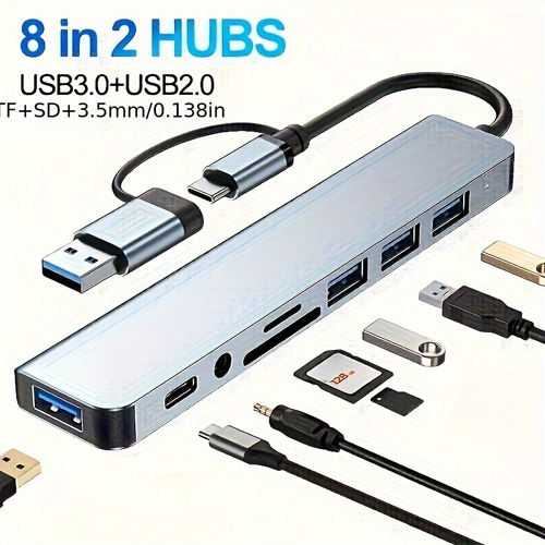 8 in 2 USB Hub USB C + USB A 3.0,2.0 SD TF 3.5mm Audio for MacBook PC Laptop