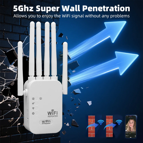 WiFi Repeater 1200Mbps Wireless WIFI Extender WiFi Booster 2.4Gand5G Network Amplifier 360° Full Coverage Signal for Office Home