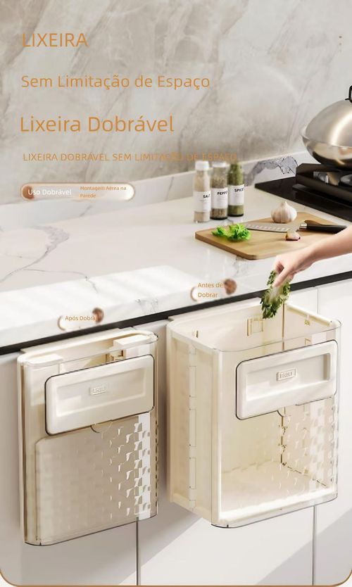 🗑️ Balde de lixo dobrável para cozinha e banheiro, adesivo sem marcas