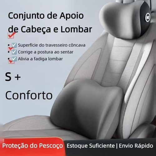 Conjunto de Cabeceira e Apoio Lombar de Espuma de Memória para Carro 🚗 Almofada de Apoio Lombar para Veículo - Apoio Lombar e Cabeceira Universal para Todas as Estações
