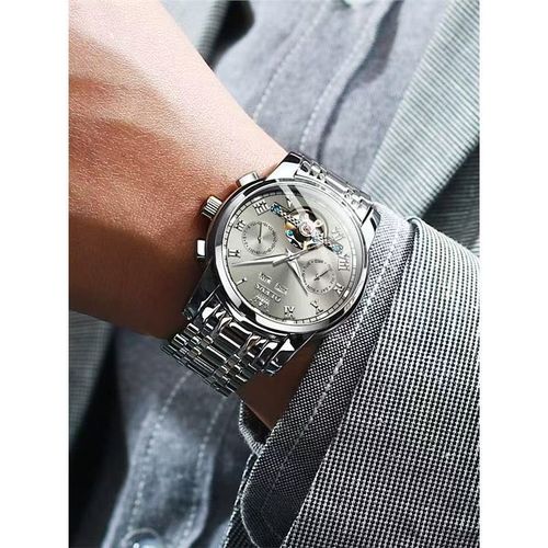 🕒 Relógio mecânico automático masculino suíço | Mostrador vazado multifuncional | Resistente à água e luminoso com pulseira de aço