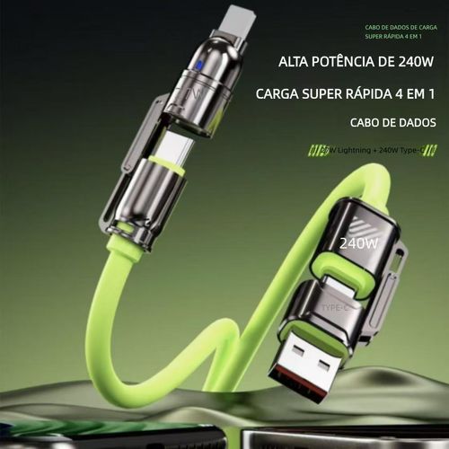 Cabo de Carregamento Rápido Super 4 em 1 | 240W de Alta Potência | Silicone de Pele | Resistente a Dobras e Sem Aquecimento Excessivo ✨😃😁