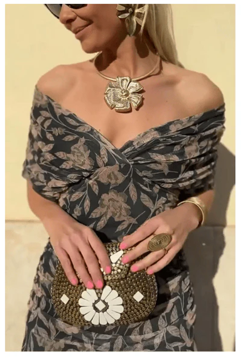 Off-Shoulder V-Neck Printed Dress