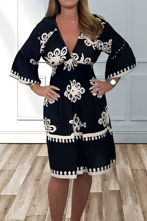 Black V-neck printed dress