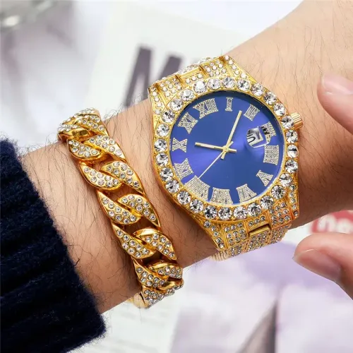 3Pcsset Men's Fashion Diamond Band Calendar Steel Band Quartz Watch Diamond Hip Hop Bracelet Necklace Set