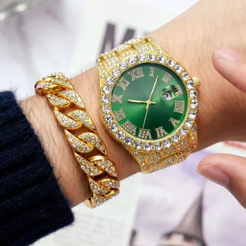 3Pcsset Men's Fashion Diamond Band Calendar Steel Band Quartz Watch Diamond Hip Hop Bracelet Necklace Set
