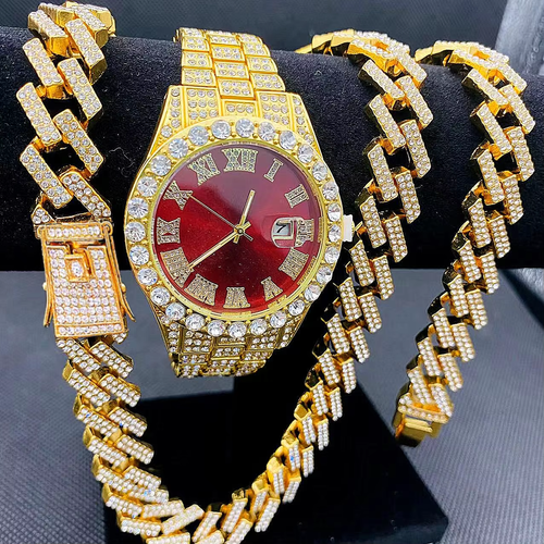 3Pcsset Men's Fashion Diamond Band Calendar Steel Band Quartz Watch Diamond Hip Hop Bracelet Necklace Set