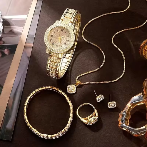 Five pieces of noble and popular women's table necklace earrings ring bracelet diamond dinner jewelry set shiny temperament