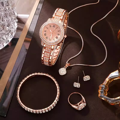 Five pieces of noble and popular women's table necklace earrings ring bracelet diamond dinner jewelry set shiny temperament