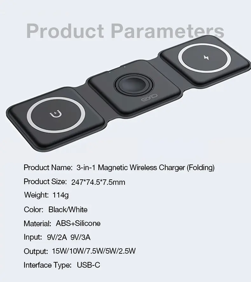 EYD 3 IN 1 MagSafe Wireless Charger 15WFoldable Portable Original Charger Fast ChargingFor iPhone iWatch Airpods and Android Pengisiandaya nirkabe