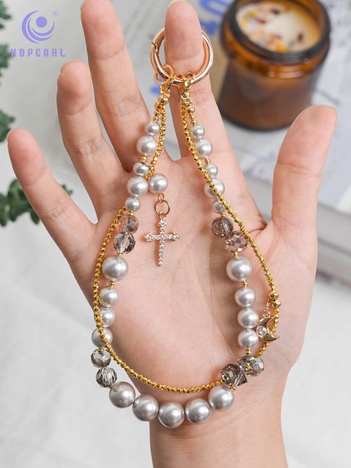 Pearl crystal cross mobile phone chain