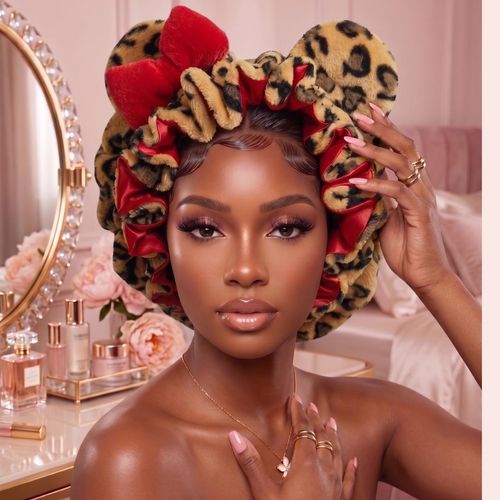 Women's Teddy Material Hair Bonnet in Pink Leopard Print, Protective Hooded Hair Cap for Sleep, Styling, and Haircare