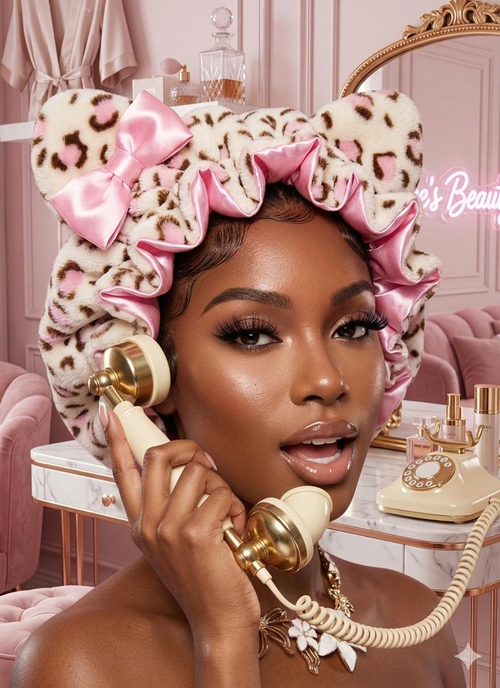 Women's Teddy Material Hair Bonnet in Pink Leopard Print, Protective Hooded Hair Cap for Sleep, Styling, and Haircare