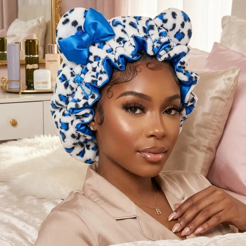 Women's Teddy Material Hair Bonnet in Pink Leopard Print, Protective Hooded Hair Cap for Sleep, Styling, and Haircare