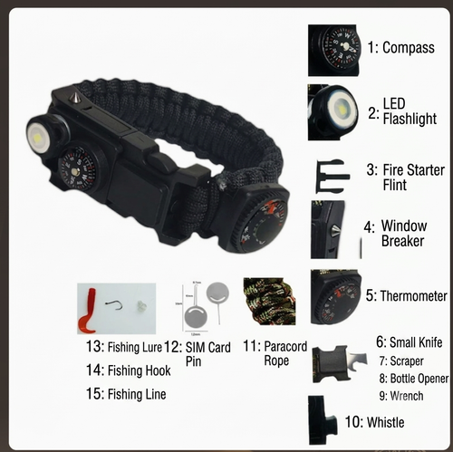 15-in-1 Multi-Tool Paracord Survival Bracelet