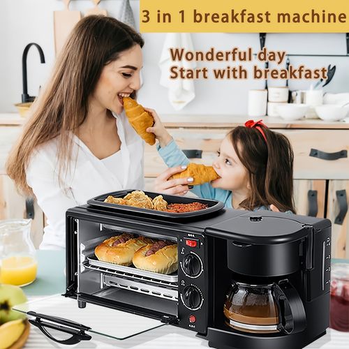 3 In 1 Breakfast Station With Coffee Maker Automatic Timing 2.38gal Non Stick Toaster Oven Frying Pan Sandwich Maker Griddle For Egg Bacon Sausages Healthy Snacks Desserts