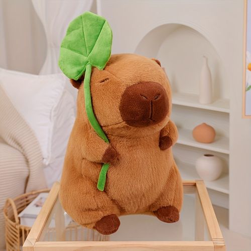 Capybara Plush Toy with Lotus Leaf Hat Soft Polyester Stuffed Animal Cute Ugly Capybara Doll Comfortable Office Desk Decor Car Ornament Easter Gifts Birthday Gifts New Year Gifts