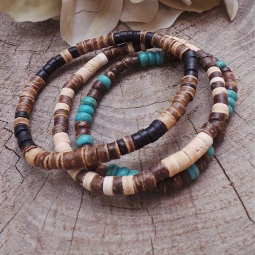 Men Minimal Turquoise Wood Bead Bracelet