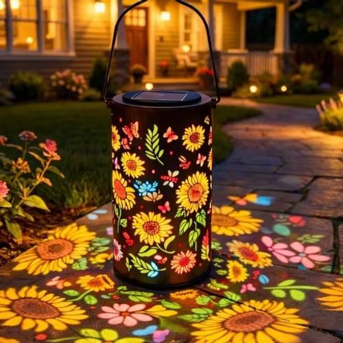 Solar Powered Sunflower Projection Lamp, Hollow Iron Art Hanging Light, Waterproof Decor Lantern for Yard Balcony