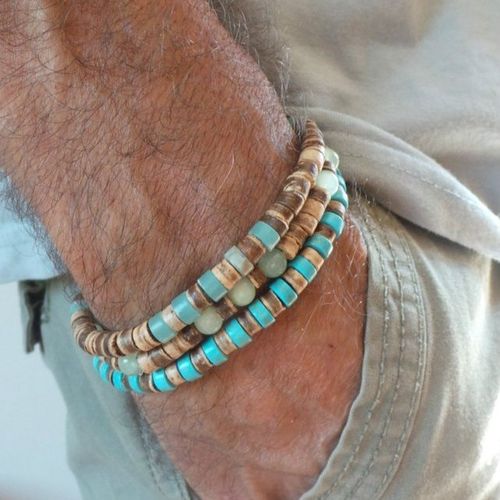 Men Minimal Turquoise Wood Bead Bracelet